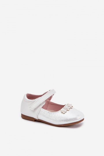Ballerine per bambini color bianco con velcro e motivi floreali, "Nikione"