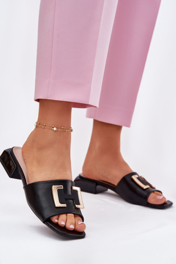 Pantofole eleganti da donna nere con tacco e dettagli dorati, Vinceza 62229 2
