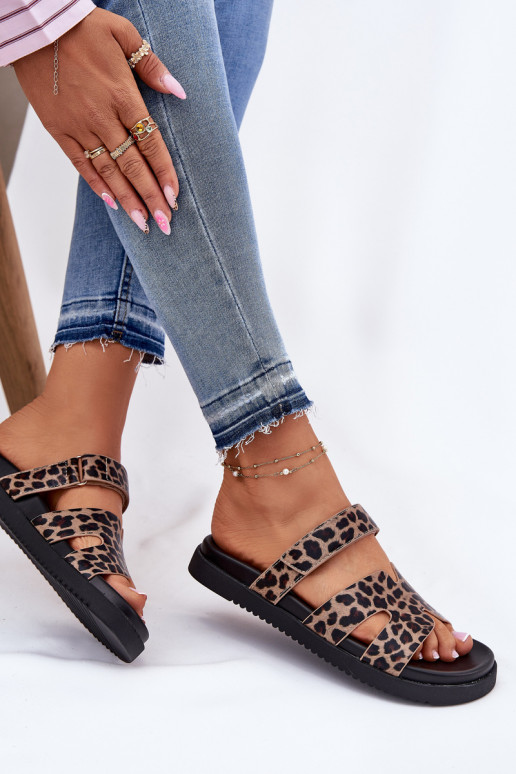 Pantofole da donna Z con chiusura adesivaem Vinceza 17401 con motivi di pelliccia di leopardo