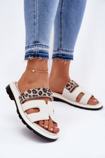 Ciabatte color avorio in pelle con chiusura adesiva e motivo leopardo, Vinceza 66769 2