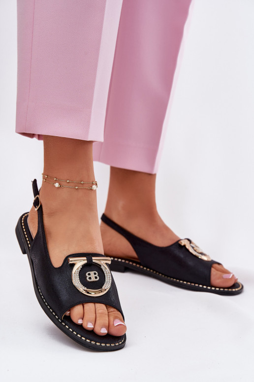 Stile elegante sandali con ornamenti con tacchi larghi S.Barski KV51-003 colore nero Stile elegante sandali con ornamenti con tacchi larghi S.Barski KV51-003 colore nero