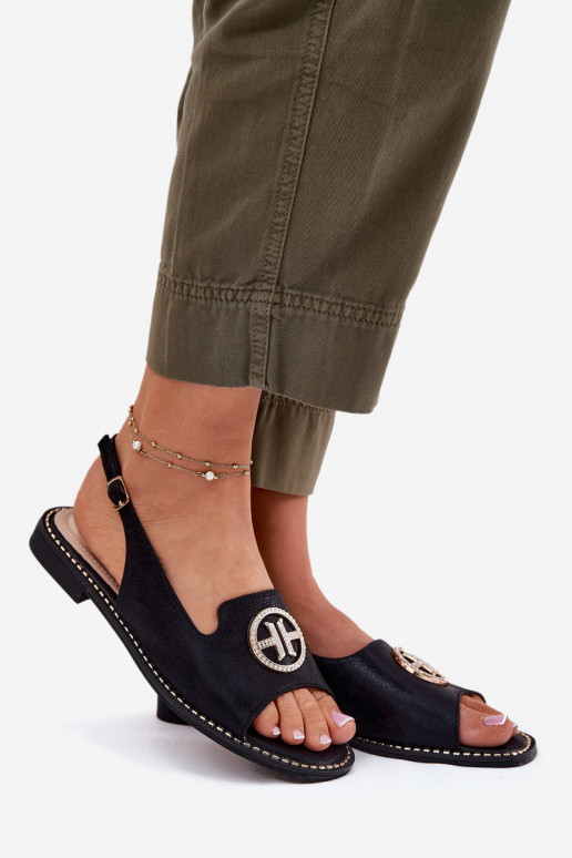 Sandali da donna con tacchi larghi con ornamenti S.Barski KV51-002 colore nero