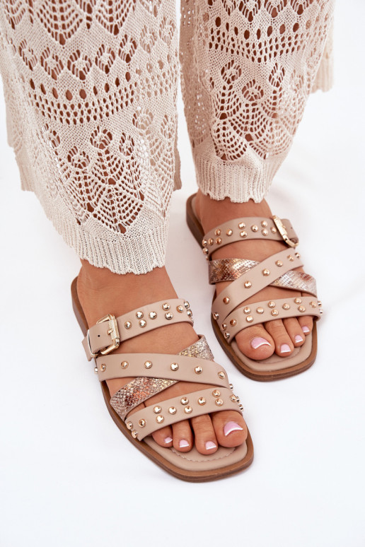 Decorato Pantofole da donna con tacchi larghi con strisce I con fibbie beige Devenitte