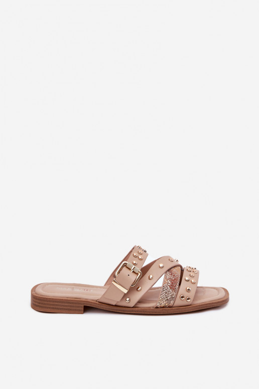 Decorato Pantofole da donna con tacchi larghi con strisce I con fibbie beige Devenitte