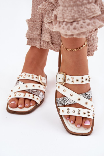 Pantofole decorate con tacco largo e fasce e fibbie Tai turinitte bianco