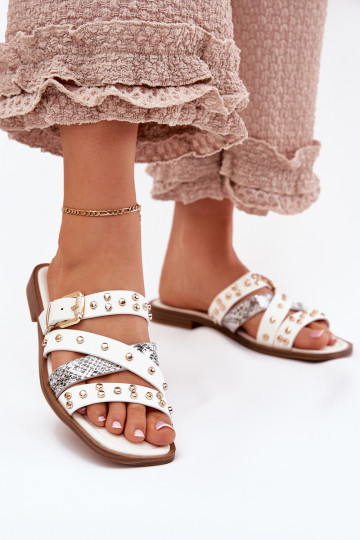 Pantofole decorate con tacco largo e fasce e fibbie Tai turinitte bianco 2