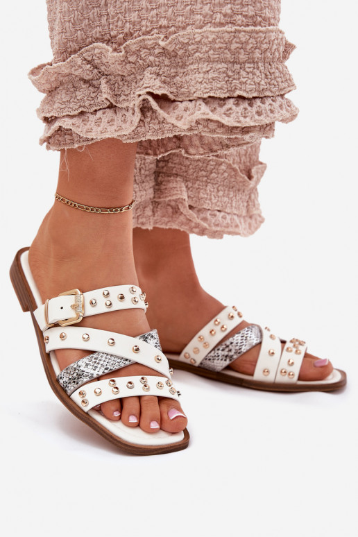 Decorato Pantofole da donna con tacchi larghi con strisce I con fibbie Colore bianco Devenitte