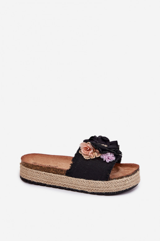 Pantofole da donna con fiori con una piattaforma Con treccia colore nero Zenvanis