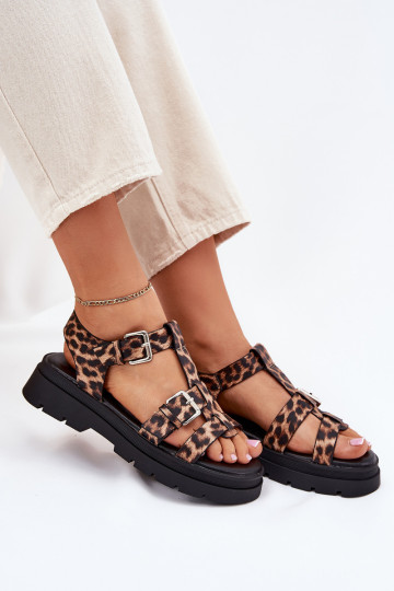 Sandali in pelle sintetica con fibbie Jeneliena con stampa leopardata