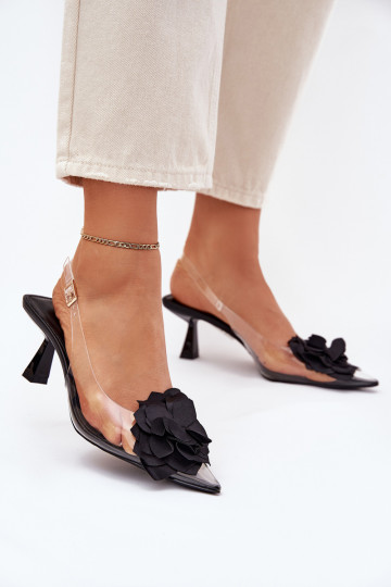 Guardare attraverso sandali con tacchi sottili Con decorazioni Un fiore colore nero Risalie