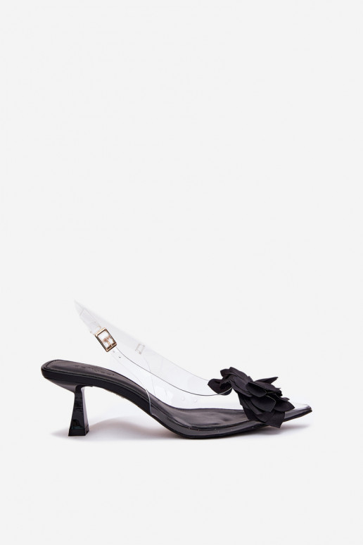 Guardare attraverso sandali con tacchi sottili Con decorazioni Un fiore colore nero Risalie