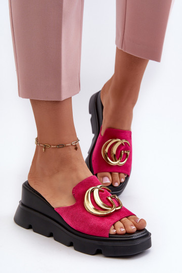 Ciabatte rosa Iaria in eco suede con zeppa e piattaforma con dettagli dorati