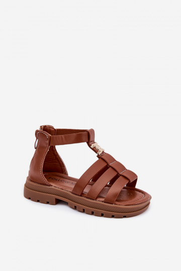 Sandali tipo gladiatore per bambini con dettagli color oro color marrone 2