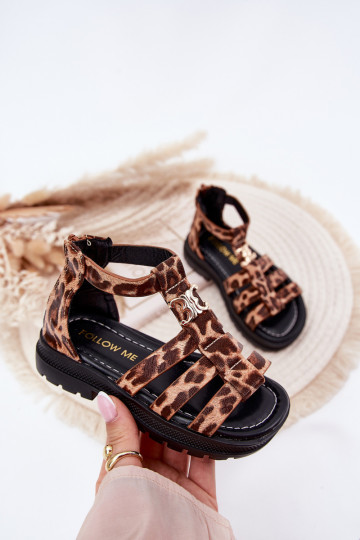 Sandali tipo gladiatore per bambini con dettagli color oro e stampa leopardata