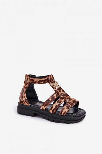 Sandali tipo gladiatore per bambini con dettagli color oro e stampa leopardata 2