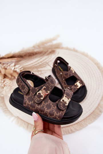 Ciabattine per bambini con chiusure adesive e dettagli color oro color marrone