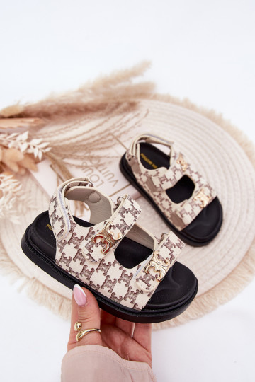 Ciabattine per bambini con chiusure adesive e dettagli color oro color sabbia