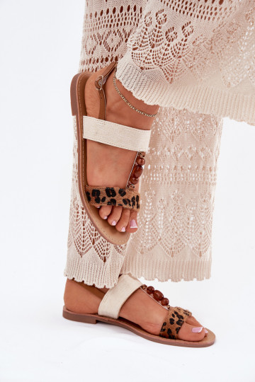 Sandali bassi da donna con perline con motivi di pelliccia di leopardo colore marrone Virona