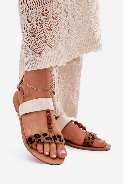 Sandali bassi da donna con perline con motivi di pelliccia di leopardo colore marrone Virona