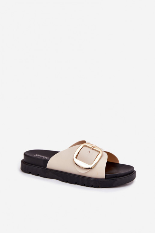 Pantofole da donna con una piattaforma con fibbie dorate beige Jovira