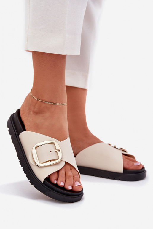 Pantofole da donna con una piattaforma con fibbie dorate beige Jovira