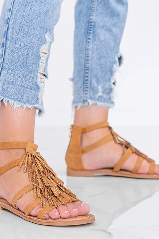 Sandalini marroni chiari con frange,...