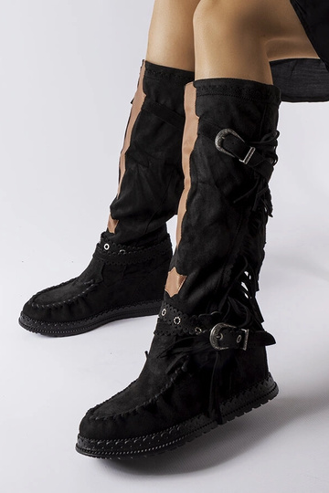 Stivali boho in pelle scamosciata nera da donna con zeppa rivestita Filiberta
