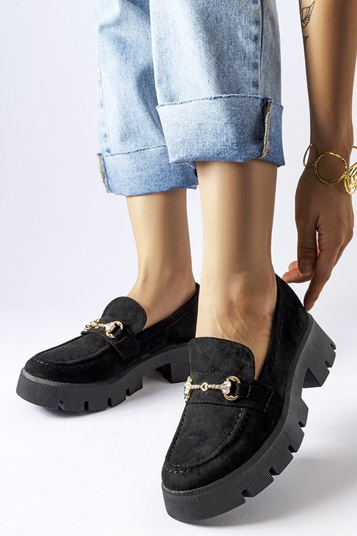 Mocassini neri con fibbia e strass...