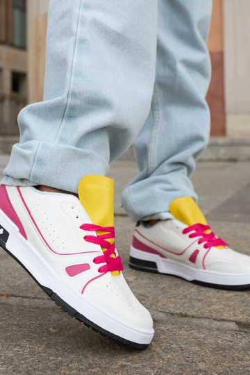 Sneakers Archie rosa e bianche con linguetta gialla