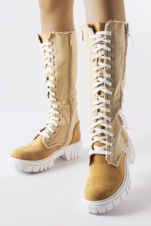 Stivali alti in tessuto color sabbia,...