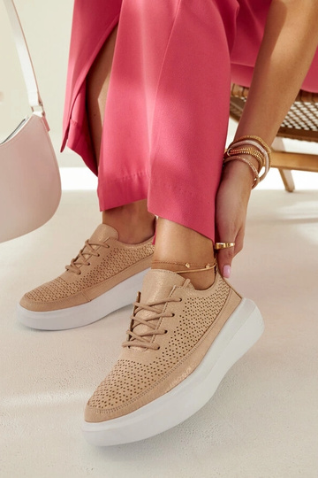 Sneakers dorate da donna con plateau, allacciate, traforate, Lori