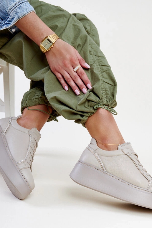 Sneakers in pelle beige scuro con...