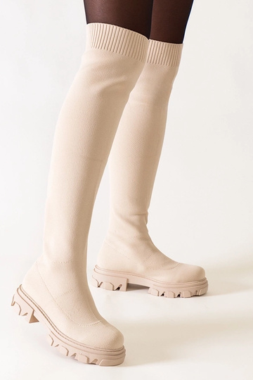 Stivali lunghi in tessuto beige Athira con plateau