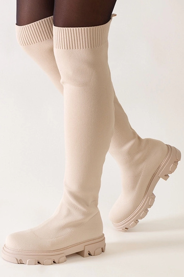Stivali lunghi in tessuto beige Athira con plateau 2