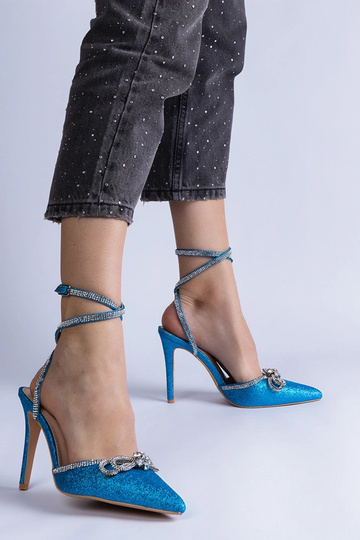 Gemre Décolleté blu da donna con tacco alto, legate con glitter e fiocco a punta Merkuri
