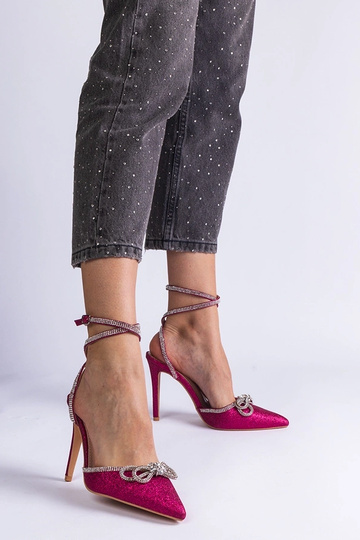Scarpe col tacco alte glitter rosa con fiocco e strass Merkuri