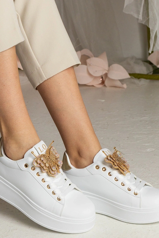 Sneakers bianco-oro con farfalla in...