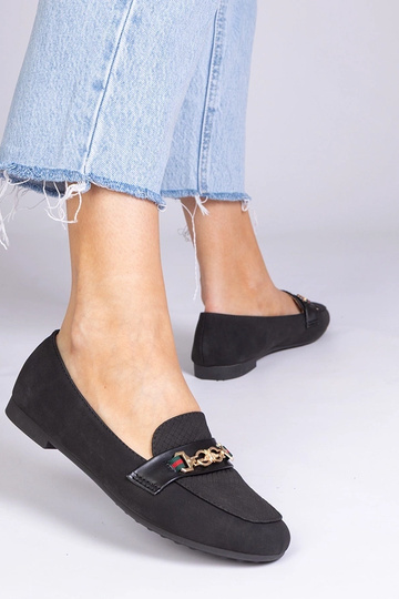 Mocassini neri in suede sintetico con decorazione dorata "Daliana" 2