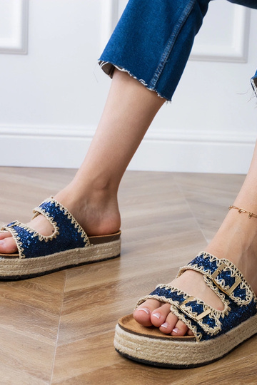Pantofole tipo espadrillas blu scuro con paillettes e fibbie, "Induri" 2