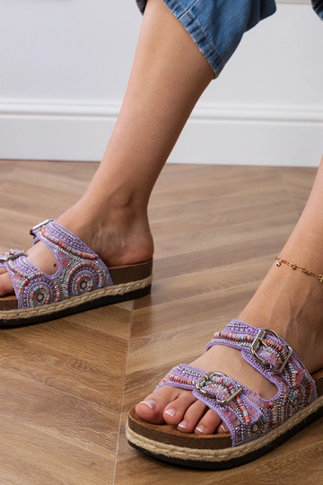 Pantofole etniche viola con fibbie sui cinturini, "Zebrina"
