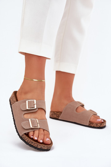Pantofole da donna Lunera con fibbie oro e cuciture color khaki 2