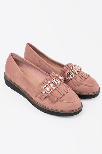 colore rosa dalla pelle scamosciata mocassini decorato con cristalli