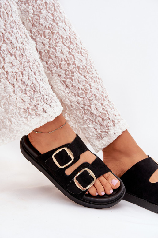 Pantofole da donna con una piattaforma Ze colore doratomi con fibbiemi colore nero Verena