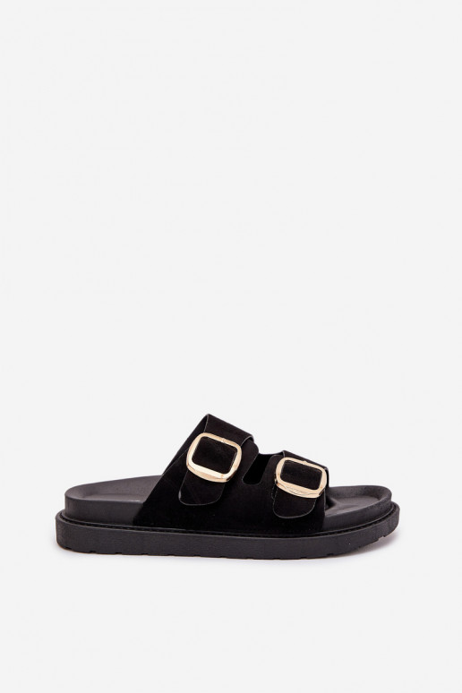 Pantofole da donna con una piattaforma Ze colore doratomi con fibbiemi colore nero Verena