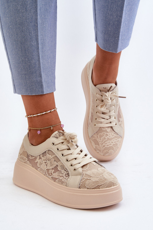 con motivi di pizzo Scarpe modello sneakers Femminile con una piattaforma S.Barski HY025 beige
