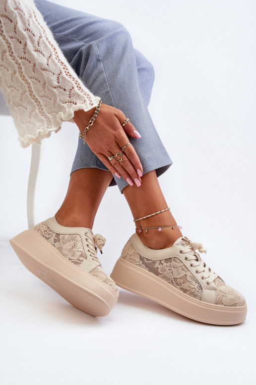 con motivi di pizzo Scarpe modello sneakers Femminile con una piattaforma S.Barski HY025 beige