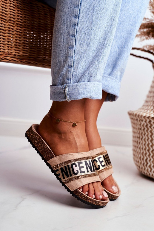 Pantofole con occhielli scintillanti colore beige Be Nice