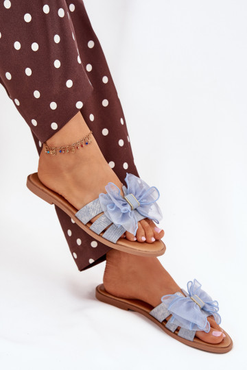 Ciabatte da donna con tacco largo e fiocco in tulle in denim Tanira