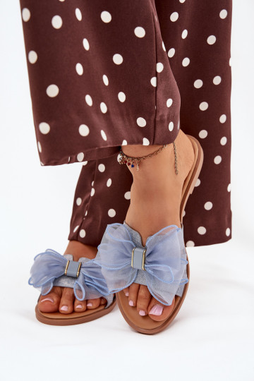 Ciabatte da donna con tacco largo e fiocco in tulle in denim Tanira 2