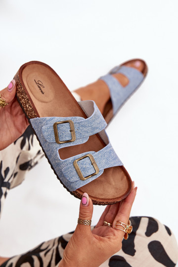 Ciabatte da donna in denim chiaro con piattaforma e fibbie Vesina